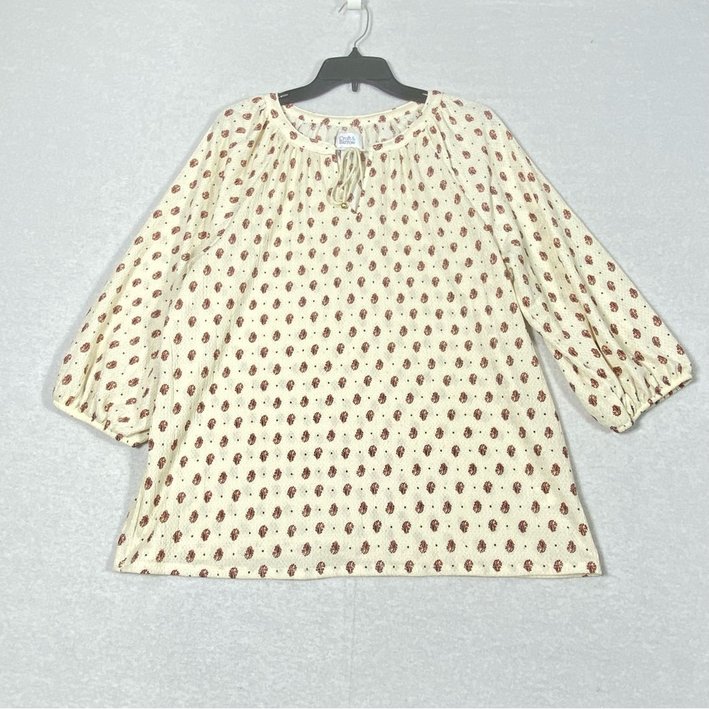 Croft & Barrow Peasant Paisley Blouse Women's XL Cream Red 3/4 Sleeve V Neck Tie
